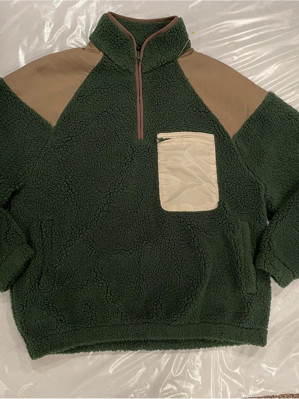 ASOS Dark Green Sherpa Quarter-Zip with Tan Accents and Cream Pocket